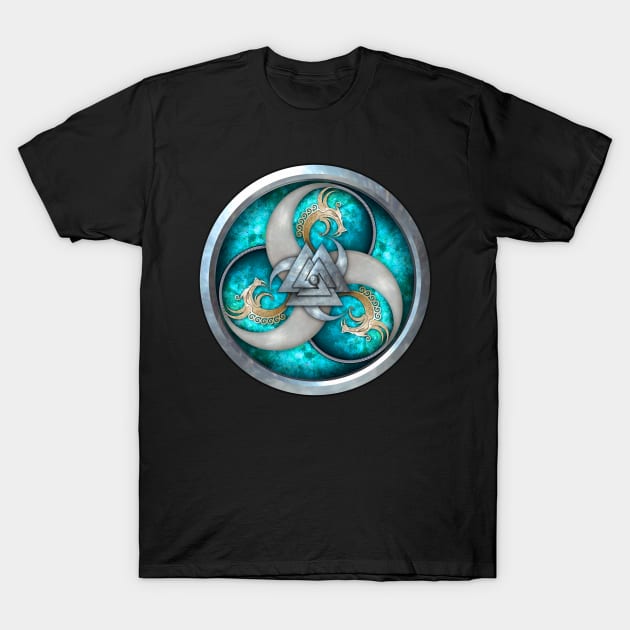 Turquoise Norse Triple Dragons Shield T-Shirt by NaumaddicArts